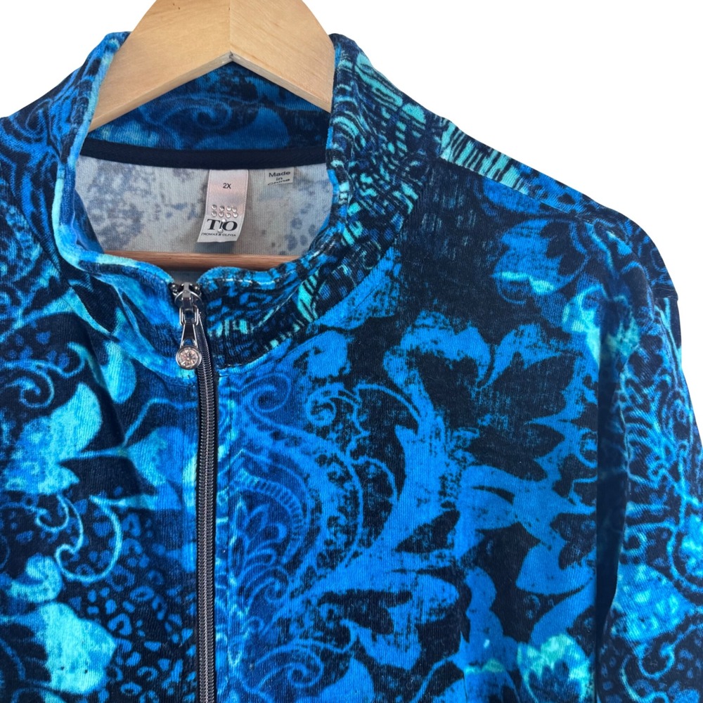 Thomas & Olivia Zip Jacket Womens 2X Blue Paisley Damask Velour Mock Neck